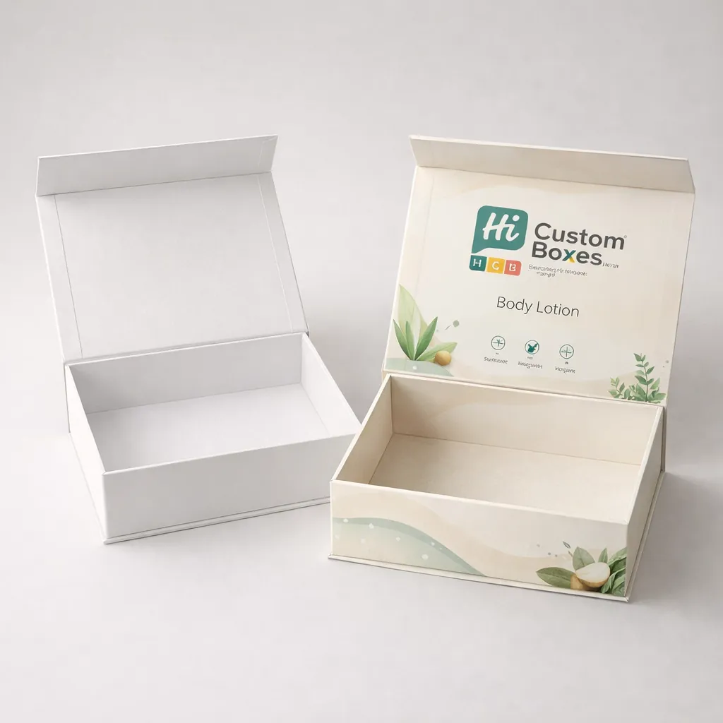 Two premium rigid drawer boxes, one minimal white and one decorated with soft pastel floral illustrations. class=